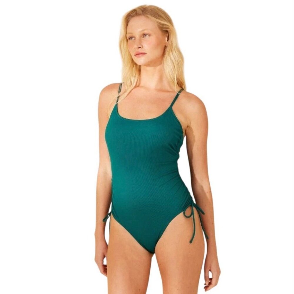 NEW Womens Shade & Shore Ribbed Adjustable Drawstring Swimsuit Green Large 12-14